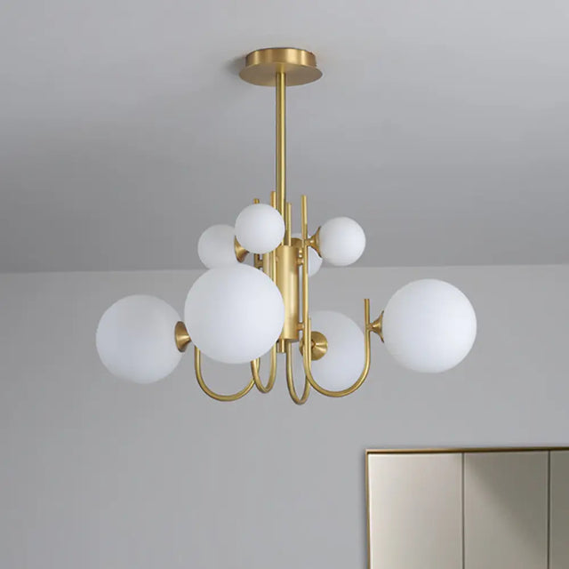 Frosted White Glass Sphere Pendant Light With Brass Finish - Designer 8-Light Chandelier