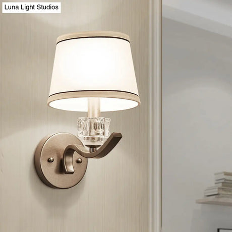 Frustum Shaped White Fabric Wall Lamp With Crystal Ornament Minimalist 1-Bulb Light Kit