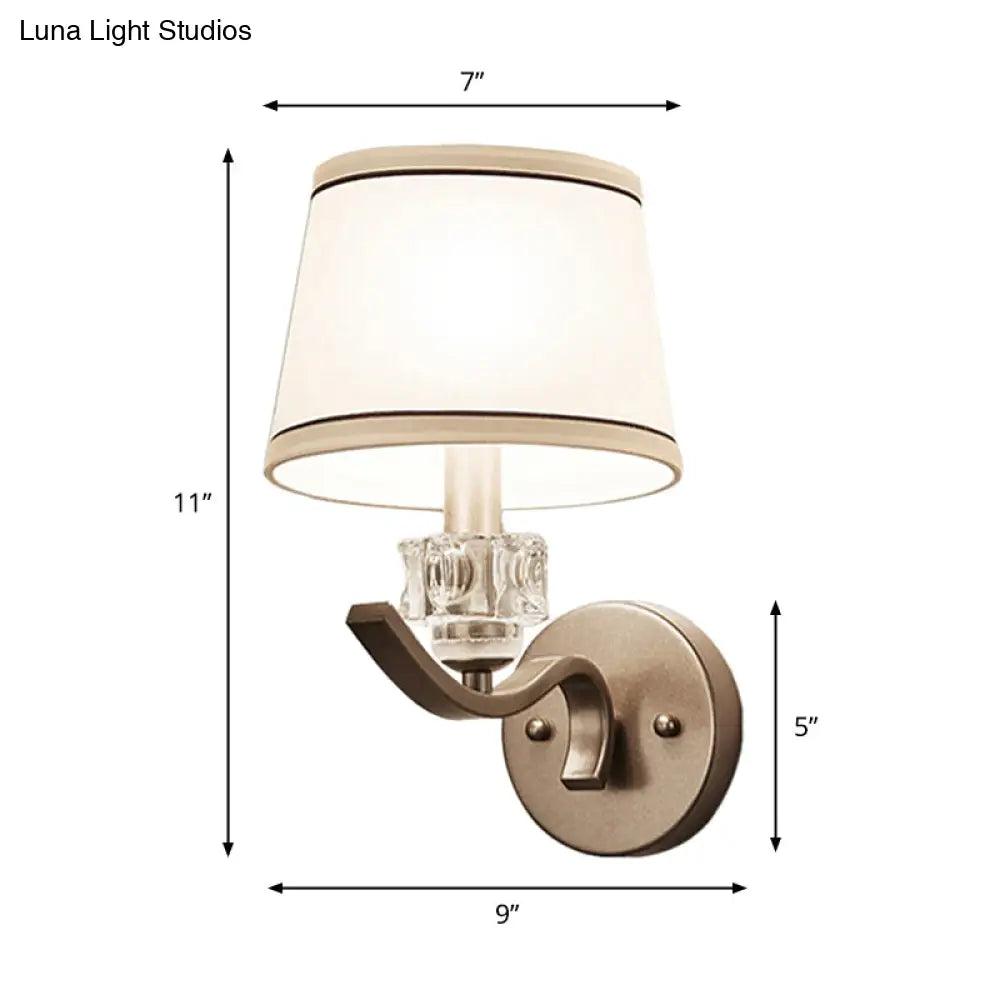 Frustum Shaped White Fabric Wall Lamp With Crystal Ornament Minimalist 1-Bulb Light Kit