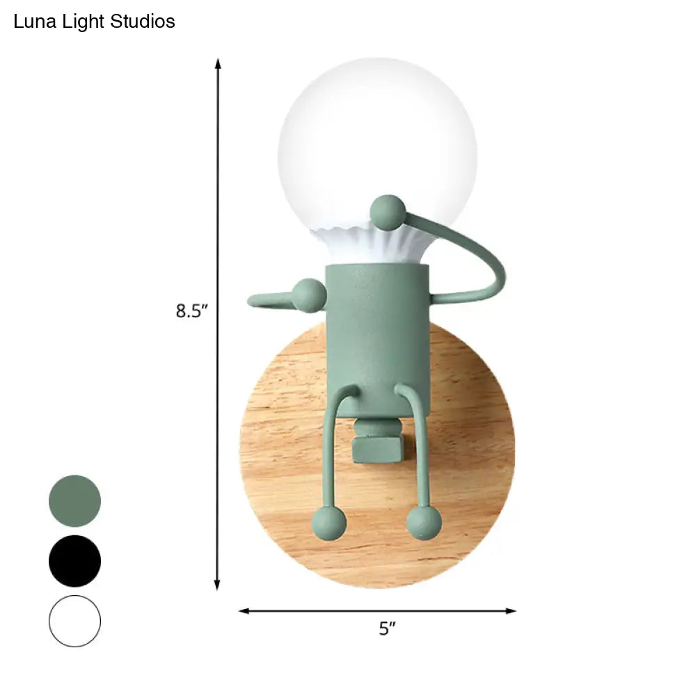 Fun Robot Design Bedside Wall Sconce With Single Iron Lamp Socket For Kids - Available In Grey Green