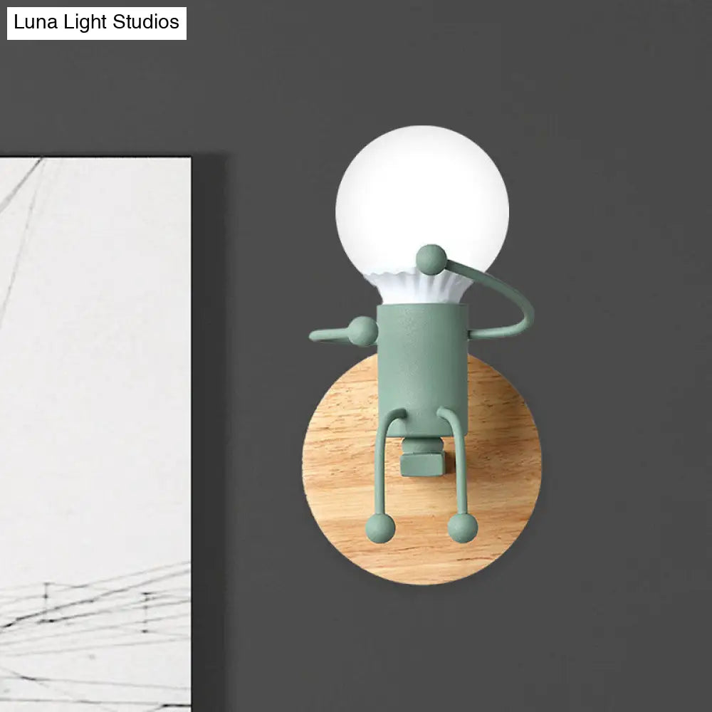 Fun Robot Design Bedside Wall Sconce With Single Iron Lamp Socket For Kids - Available In Grey Green