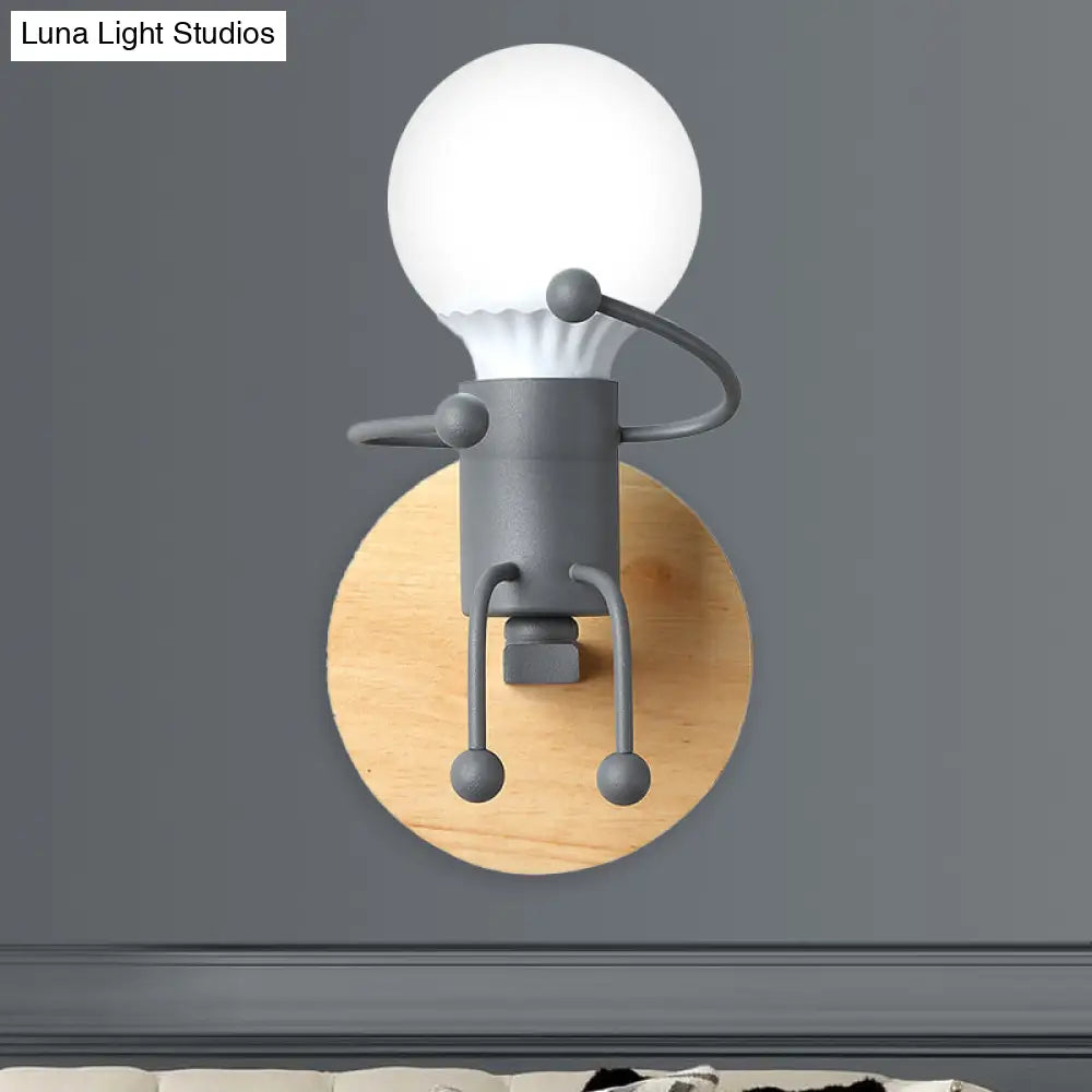 Fun Robot Design Bedside Wall Sconce With Single Iron Lamp Socket For Kids - Available In Grey Green