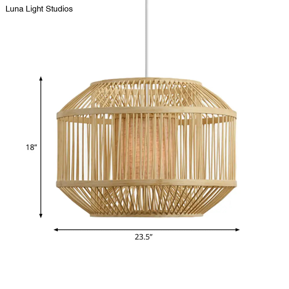 Geometric Bamboo Hanging Fixture - 1 Light Pendant Lighting In Beige (16/19.5 W) Ideal For Dining