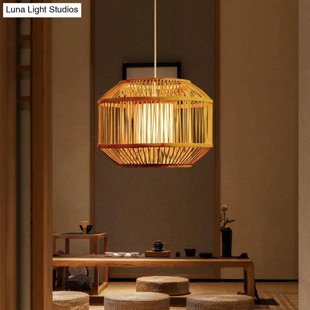 Geometric Bamboo Hanging Fixture - 1 Light Pendant Lighting In Beige (16/19.5 W) Ideal For Dining