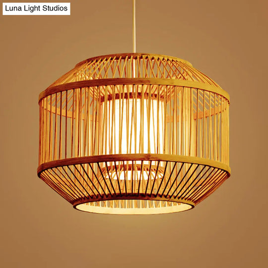 Geometric Bamboo Hanging Fixture - 1 Light Pendant Lighting In Beige (16/19.5 W) Ideal For Dining