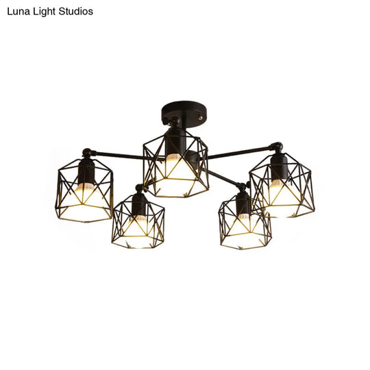Geometric Cage Semi Flush Ceiling Lamp - Industrial Retro Look For Living Room 3/5 Bulbs Iron Light