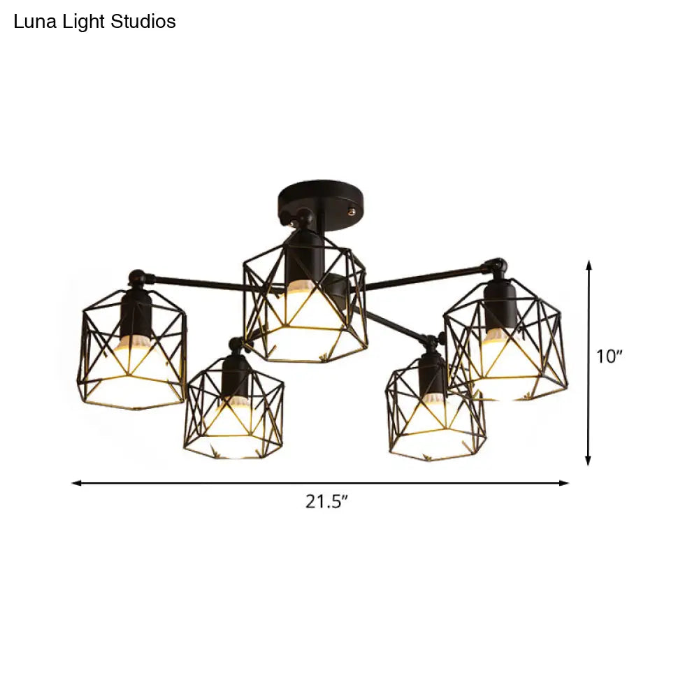 Geometric Cage Semi Flush Ceiling Lamp - Industrial Retro Look For Living Room 3/5 Bulbs Iron Light