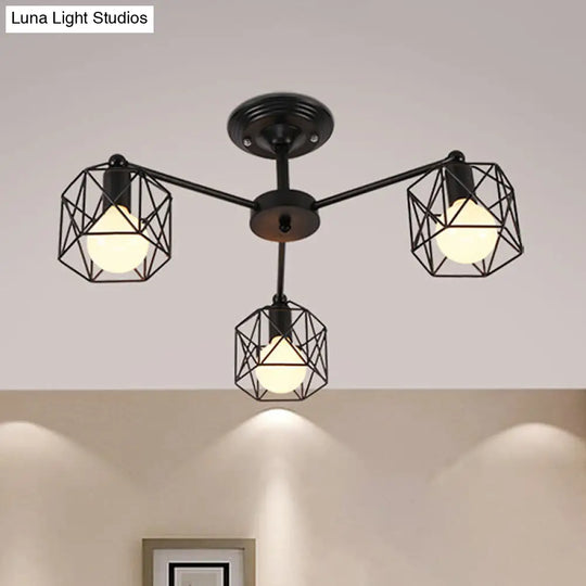 Geometric Cage Semi Flush Ceiling Lamp - Industrial Retro Look For Living Room 3/5 Bulbs Iron Light