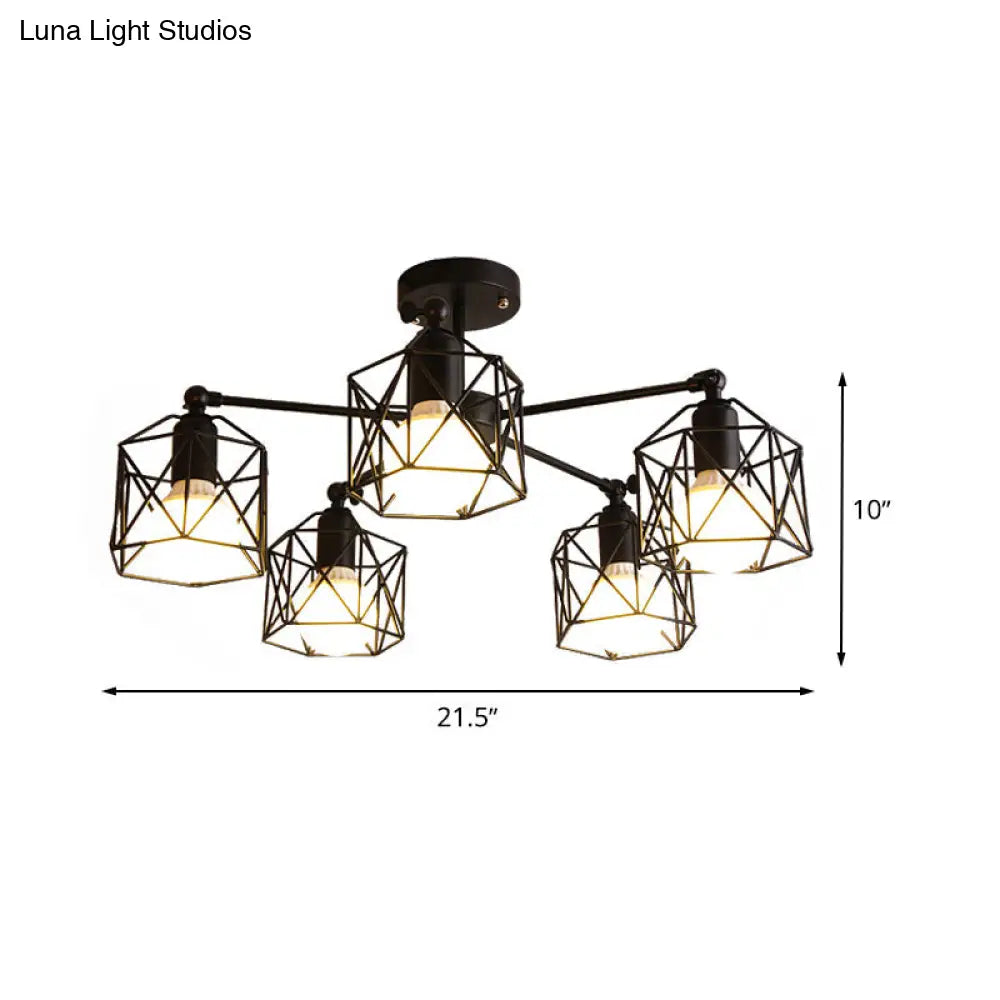 Geometric Cage Semi Flush Ceiling Lamp - Industrial Retro Look For Living Room 3/5 Bulbs Iron Light