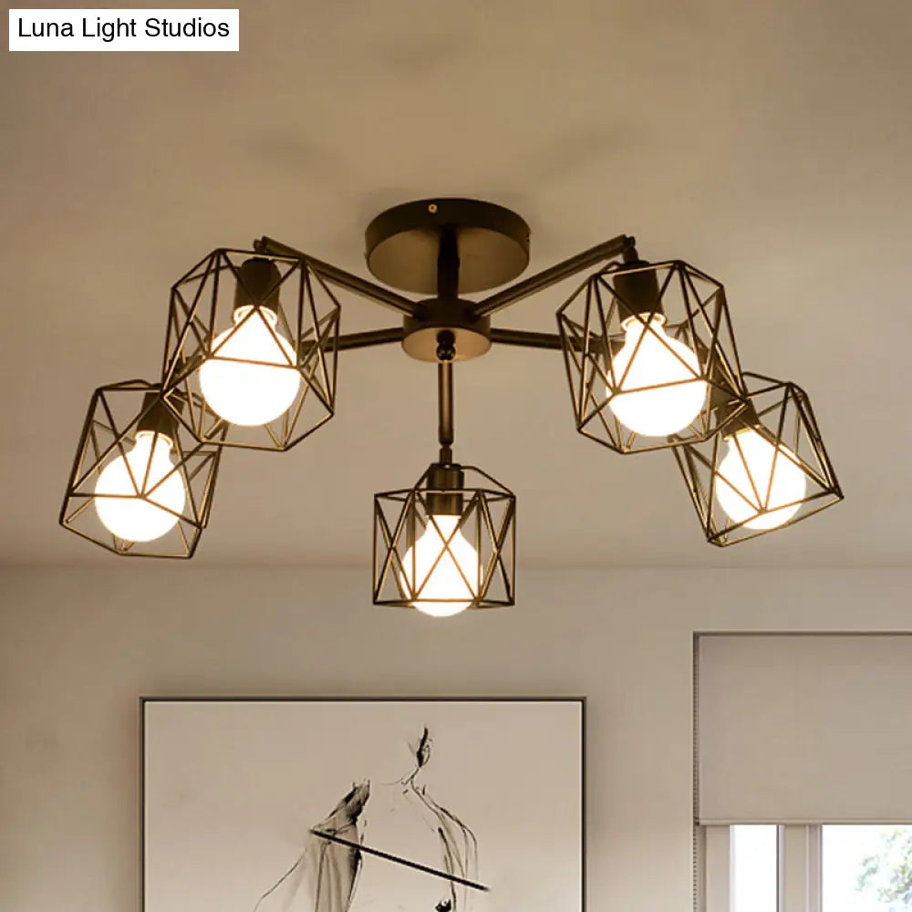 Geometric Cage Semi Flush Ceiling Lamp - Industrial Retro Look For Living Room 3/5 Bulbs Iron Light