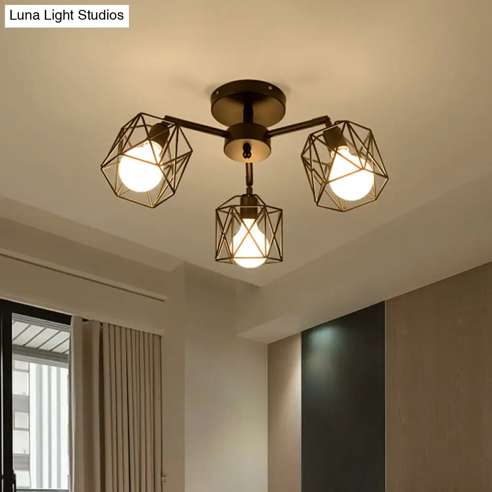 Geometric Cage Semi Flush Ceiling Lamp - Industrial Retro Look For Living Room 3/5 Bulbs Iron Light