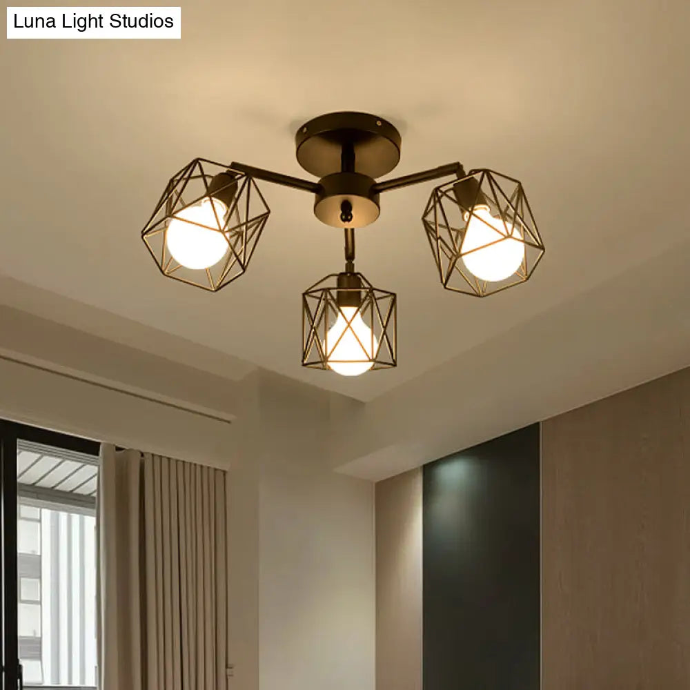 Geometric Cage Semi Flush Ceiling Lamp - Industrial Retro Look For Living Room 3/5 Bulbs Iron Light