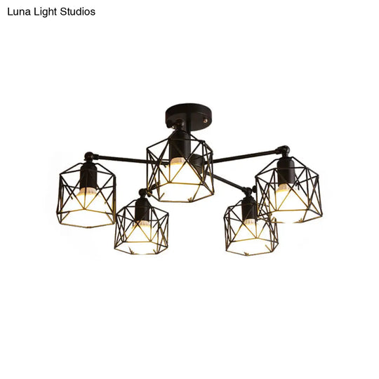Geometric Cage Semi Flush Ceiling Lamp - Industrial Retro Look For Living Room 3/5 Bulbs Iron Light