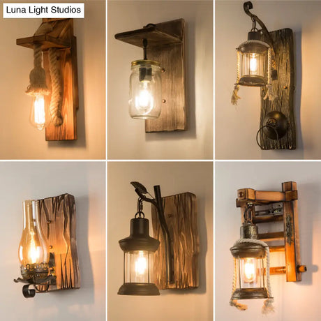 Geometric Country Style Wooden Wall Sconce - Brown Light Fixture For Corridor