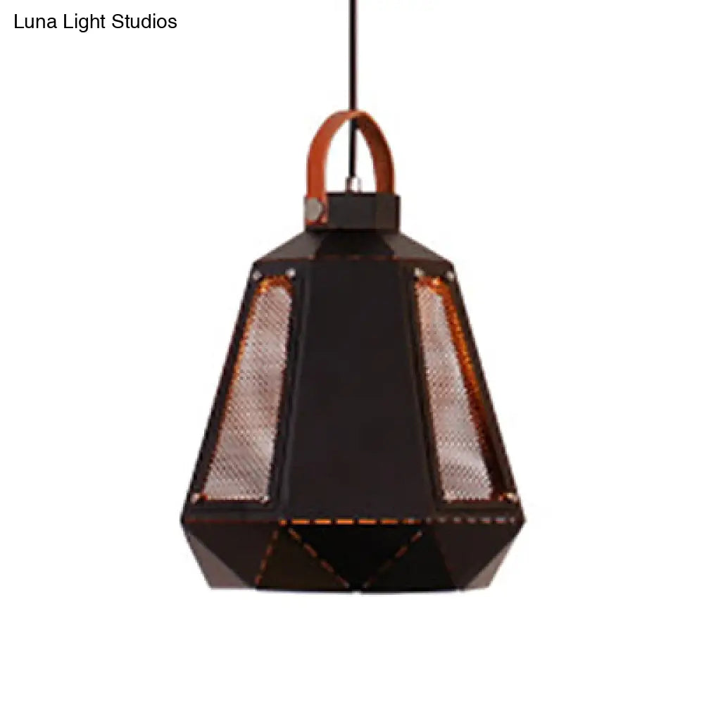 Geometric Dining Room Hanging Light - Industrial Loft Metal Pendant Lamp With Leather Strap 1 Head