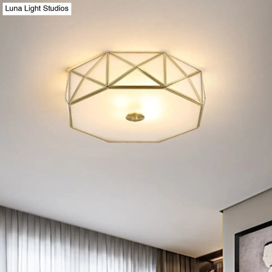 Geometric Flushmount Light With Gold Finish & Minimalistic White Glass Design