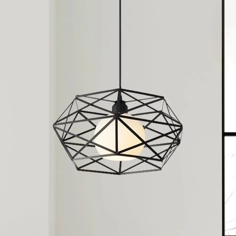 Geometric Metal Cage Pendant Light For Industrial Dining Rooms - Black/White Black