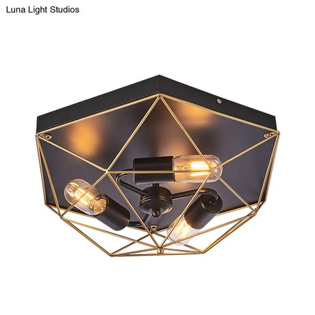 Geometric Metal Flush Ceiling Light With 3 Industrial Black Mounts