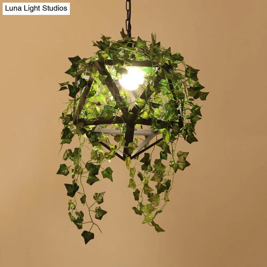 Industrial Geometric Metal Led Pendant Light With Plant Decor Black