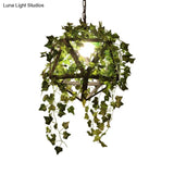 Geometric Metal Led Pendant Light With Plant Decor In Black