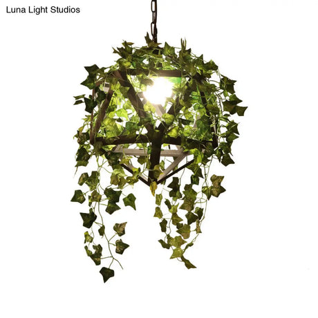 Geometric Metal Led Pendant Light With Plant Decor In Black