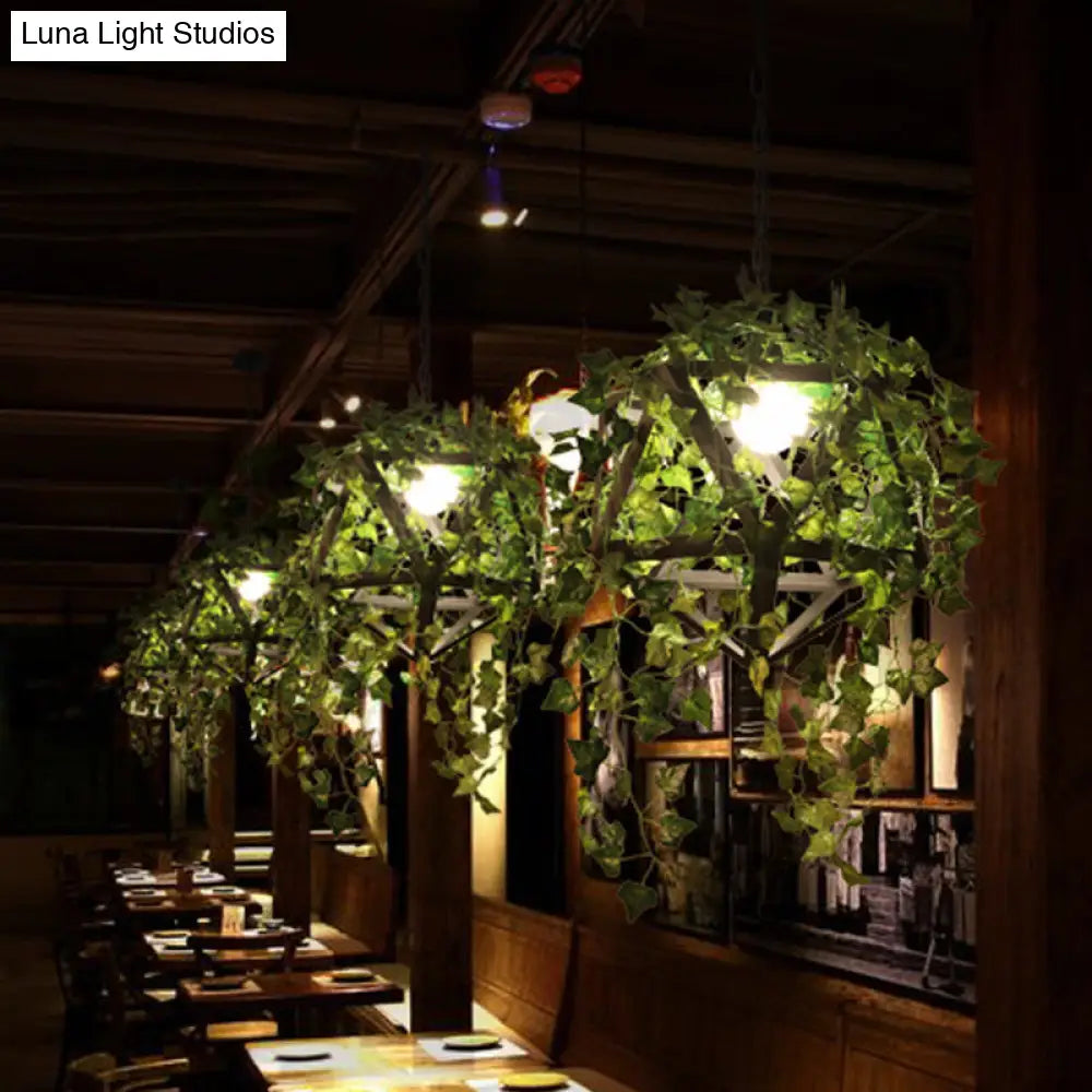 Industrial Geometric Metal Led Pendant Light With Plant Decor Black