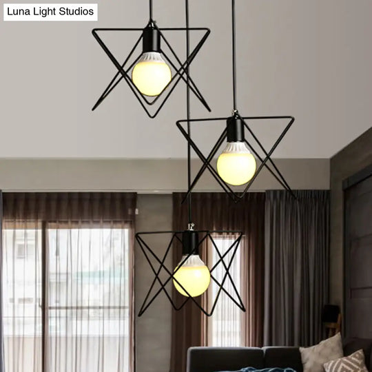 Geometric Pendant Light With Wire Frame: Industrial Style Black Iron Round/Linear Canopy - 3 Heads /
