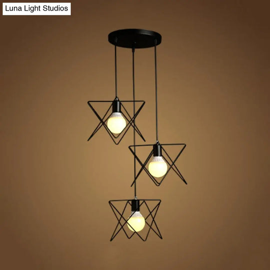 Geometric Pendant Light - Modern Industrial Style Iron Fixture With 3 Heads Black Wire Frame