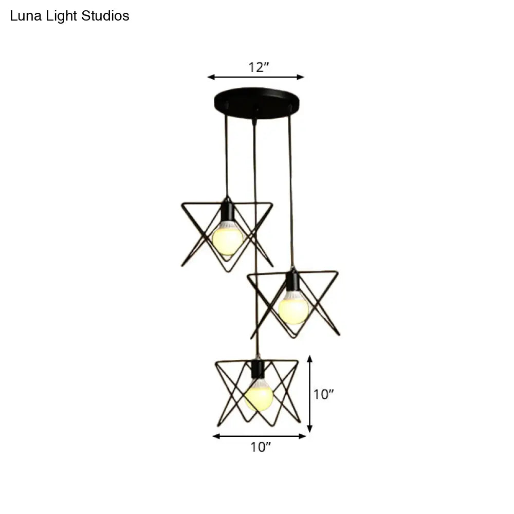 Geometric Pendant Light With Wire Frame: Industrial Style Black Iron Round/Linear Canopy - 3 Heads