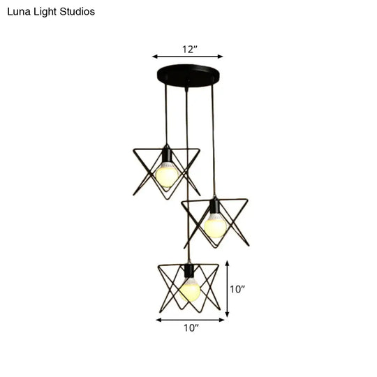 Geometric Pendant Light With Wire Frame: Industrial Style Black Iron Round/Linear Canopy - 3 Heads