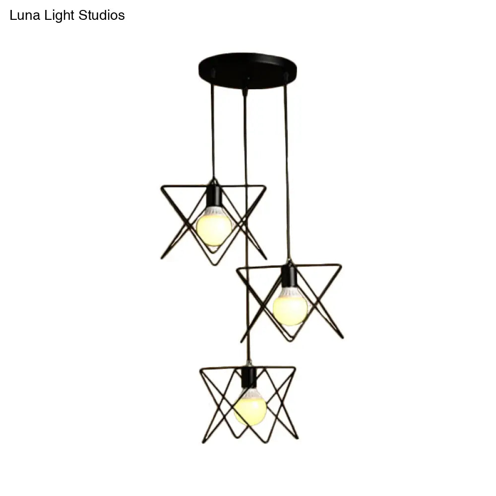 Geometric Pendant Light - Modern Industrial Style Iron Fixture With 3 Heads Black Wire Frame