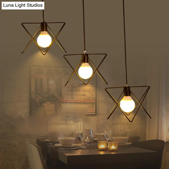 Geometric Pendant Light With Wire Frame: Industrial Style Black Iron Round/Linear Canopy - 3 Heads /