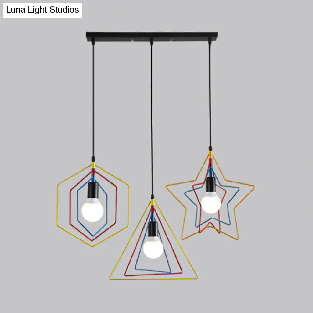 Geometric Industrial Pendant Light With 3 Multi-Colored Metal Lights For Dining Room Ceiling Hanging