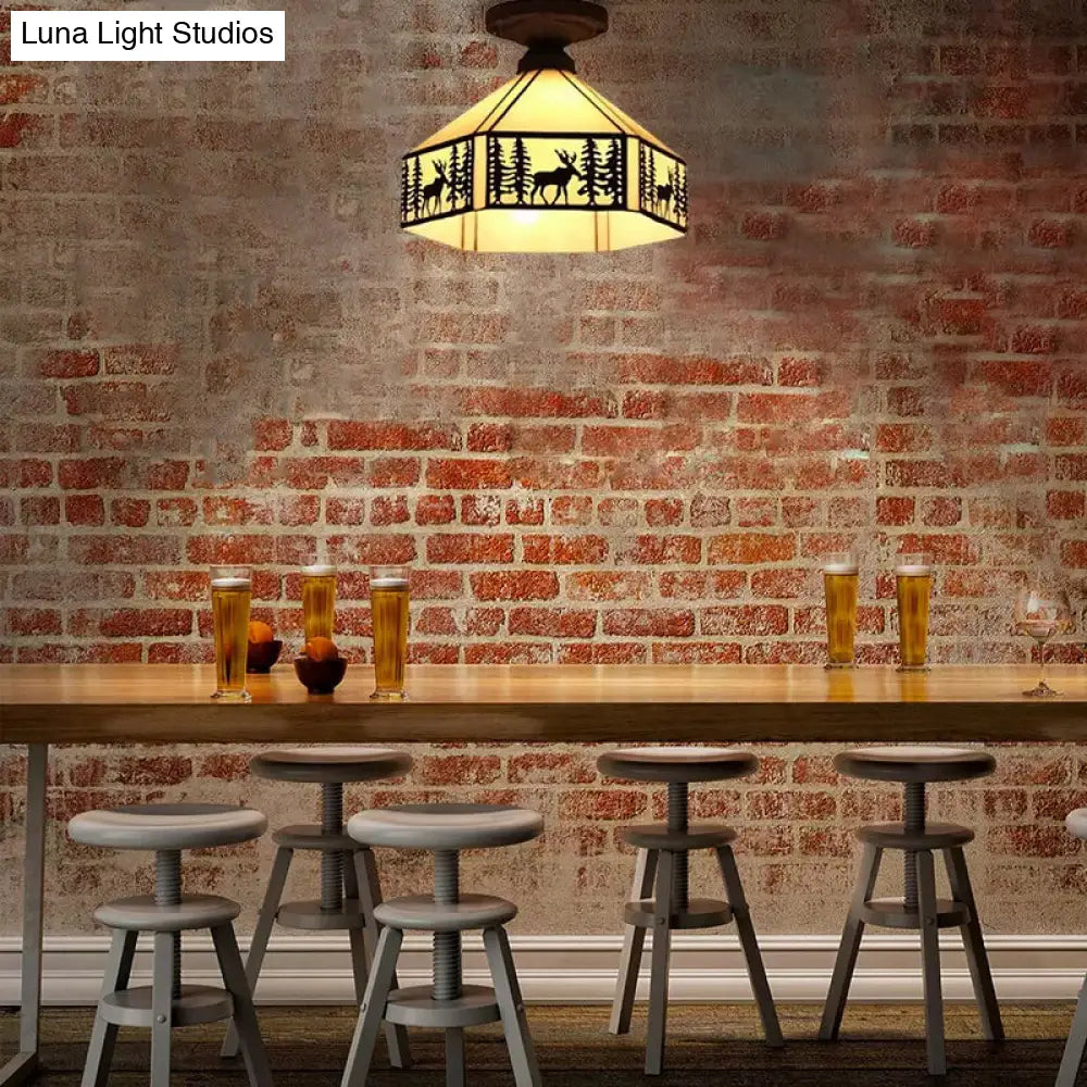 Geometric Semi Flush Ceiling Light With Art Glass Shade And Deer Pattern In Beige - Ideal For