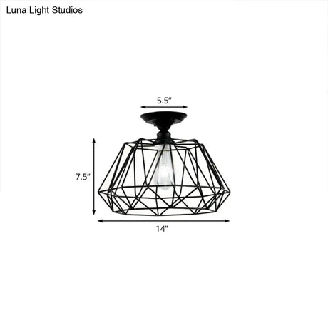 Geometric Semi Flush Industrial Black Metal Lighting Fixture With Cage