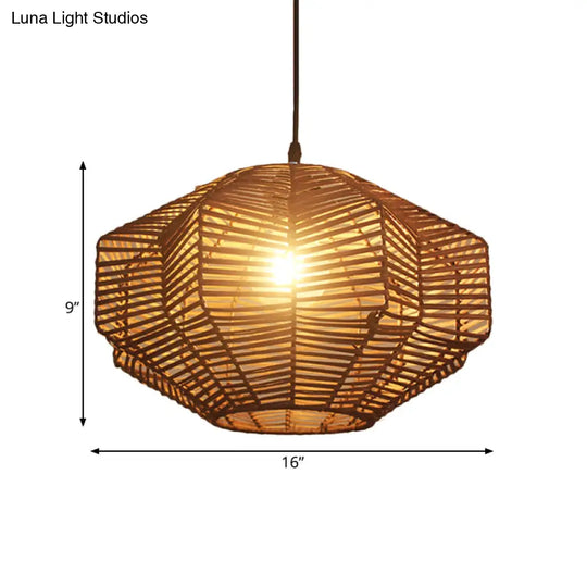 Geometric Shade Asian Rattan Pendant Light For Restaurants - 1 Head Ceiling Lamp