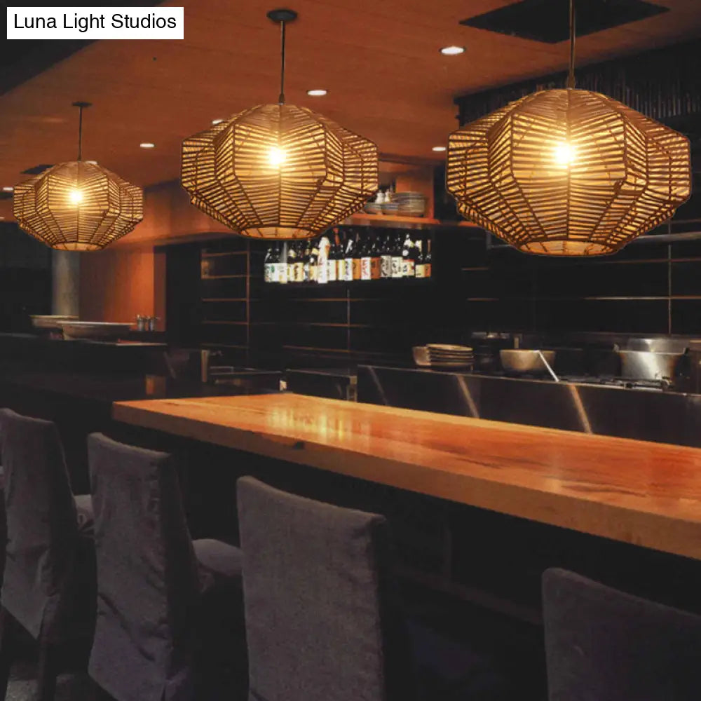 Geometric Shade Asian Rattan Pendant Light For Restaurants - 1 Head Ceiling Lamp