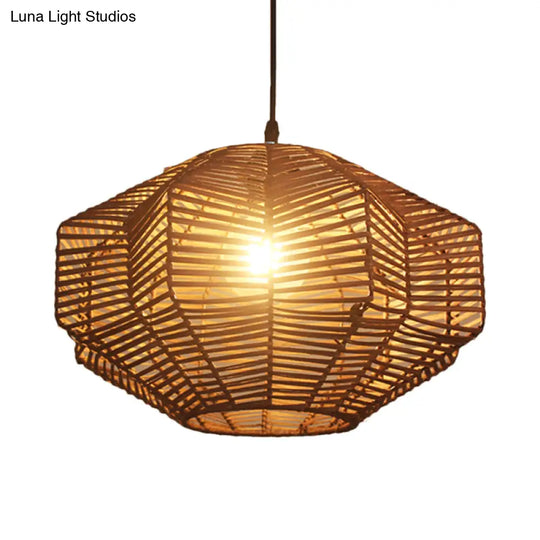 Geometric Shade Asian Rattan Pendant Light For Restaurants - 1 Head Ceiling Lamp