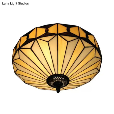 Geometric Stained Glass Ceiling Light For Bedroom - 2-Light Flush Mount Fixture Mission Style