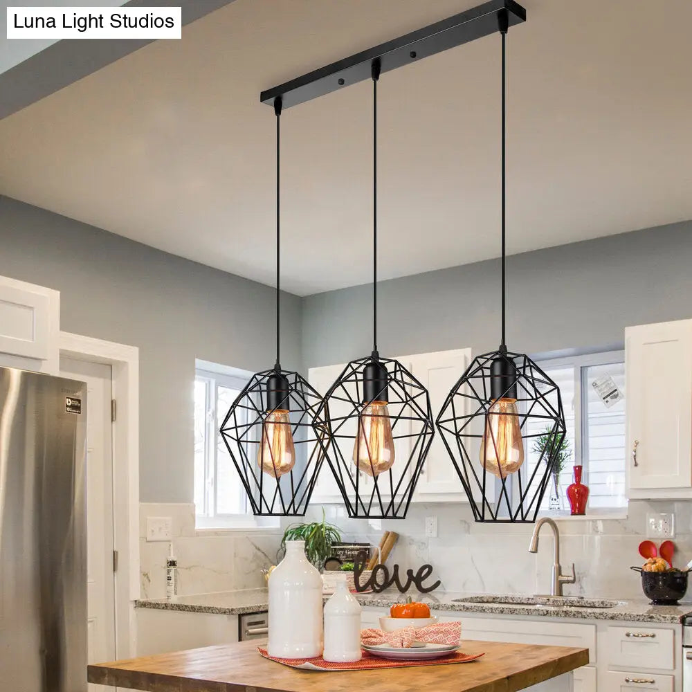 Vintage Geometric Pendant Lamp With Metallic Black Cage Shade And 3-Bulb Suspension For Ceiling