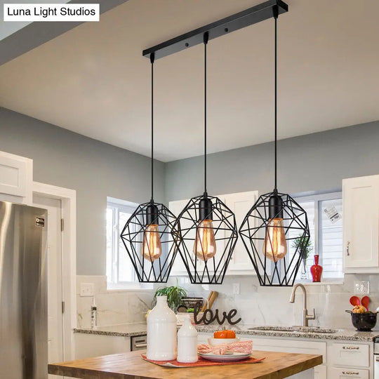 Vintage Geometric Pendant Lamp With Metallic Black Cage Shade And 3-Bulb Suspension For Ceiling