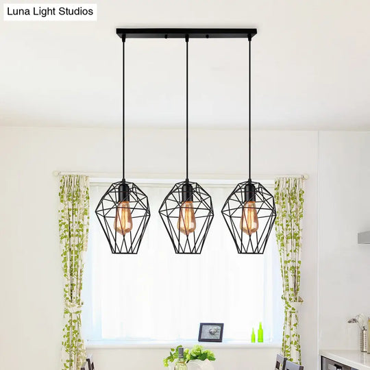 Vintage Geometric Pendant Lamp With Metallic Black Cage Shade And 3-Bulb Suspension For Ceiling