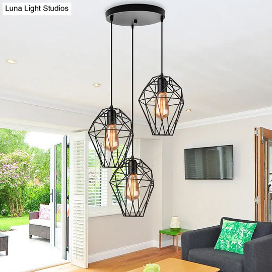 Vintage Geometric Pendant Lamp With Metallic Black Cage Shade And 3-Bulb Suspension For Ceiling