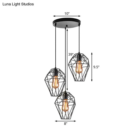 Geometric Vintage Ceiling Pendant Lamp - Metallic Black Suspended Light With 3 Bulbs Cage Shade