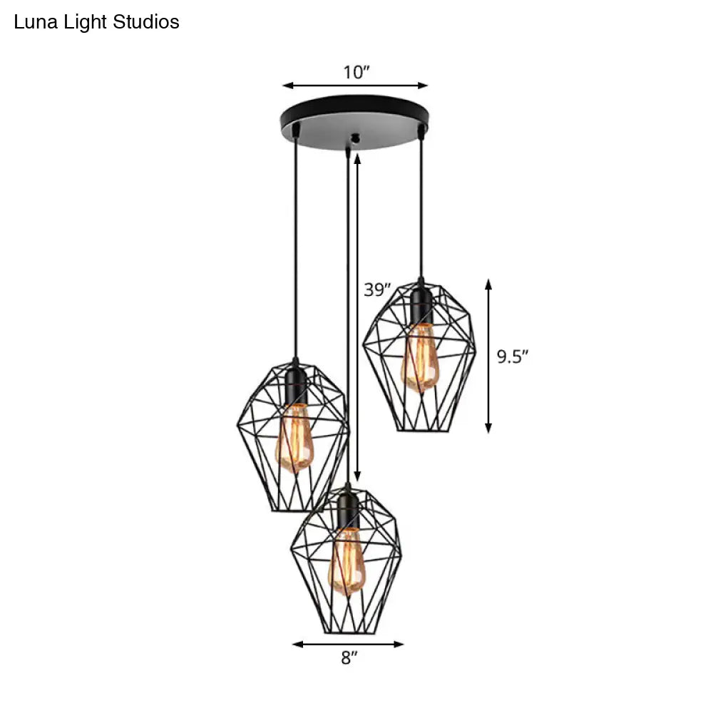 Vintage Geometric Pendant Lamp With Metallic Black Cage Shade And 3-Bulb Suspension For Ceiling