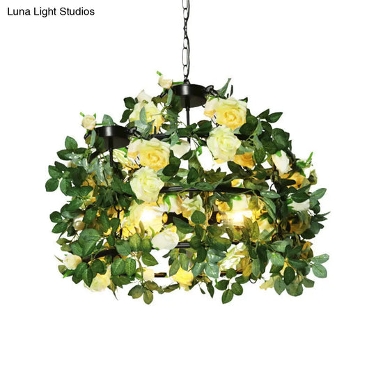 Geometric Vintage Chandelier With Artificial Plants - Metal Ceiling Light Fixture