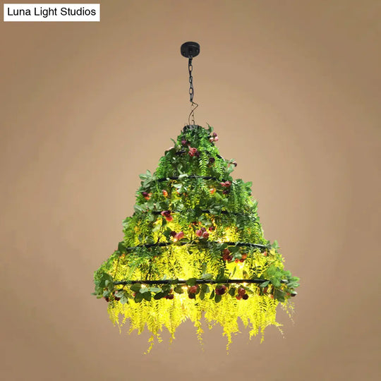Vintage Geometric Metal Chandelier With Artificial Plant - Ceiling Lighting Fixture