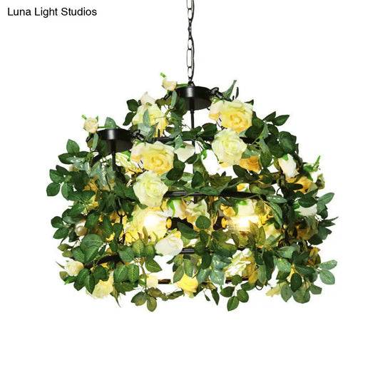 Vintage Geometric Metal Chandelier With Artificial Plant - Ceiling Lighting Fixture