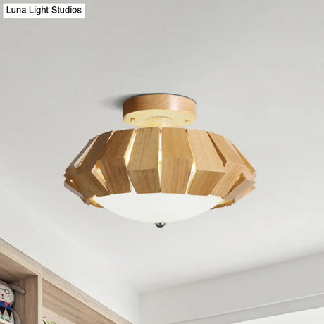 Geometric Wood Led Flush Mount Spotlight With White Glass Shade