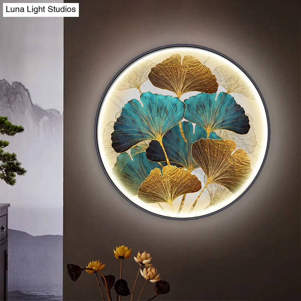 Ginkgo Leaf Led Wall Sconce In Asian Style Metal For Tearoom Decor - Green/Yellow-Green